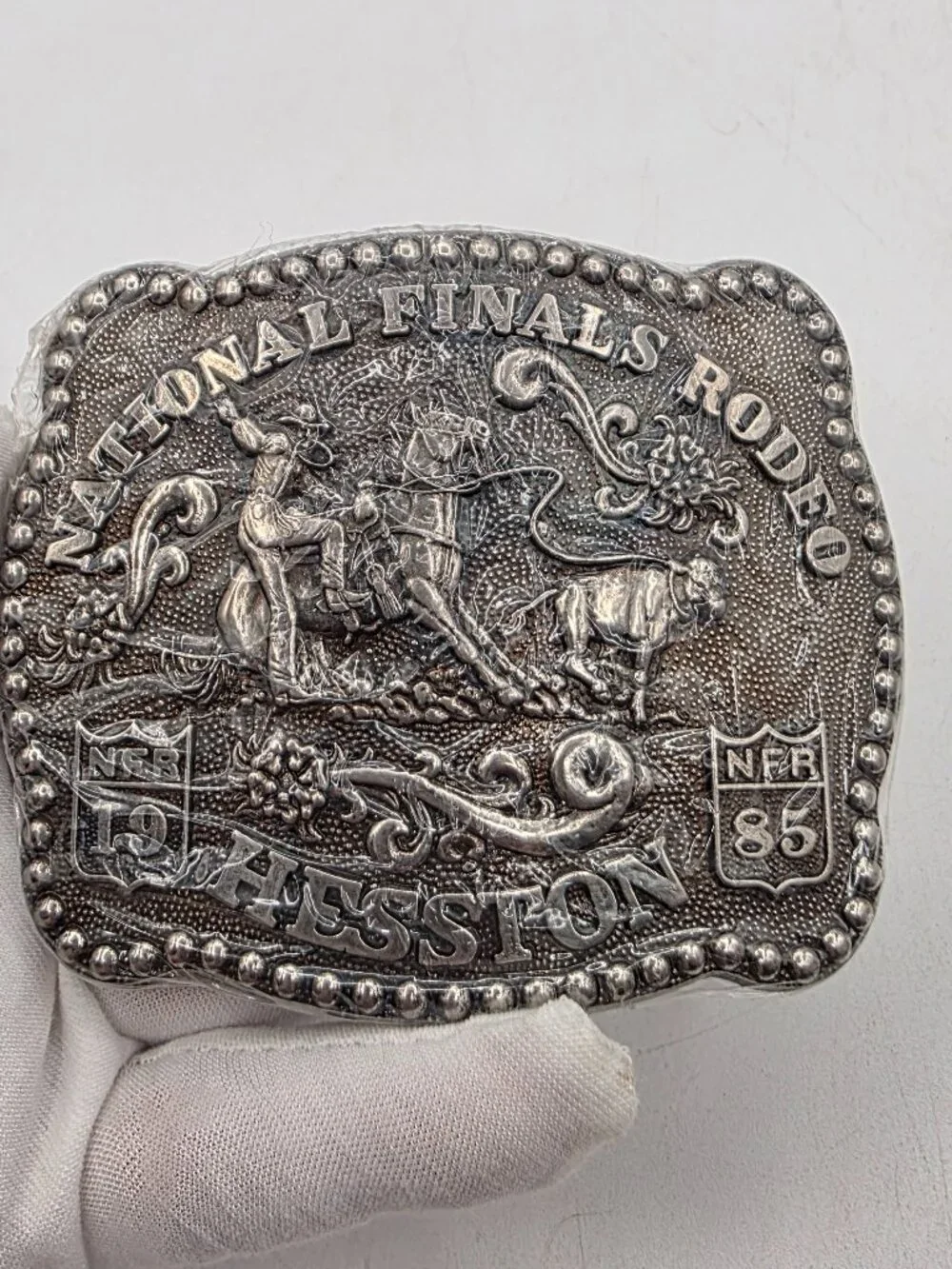 Vintage HESSTON NFR 1985 National Finals Rodeo Embossed Belt Buckle New Sealed